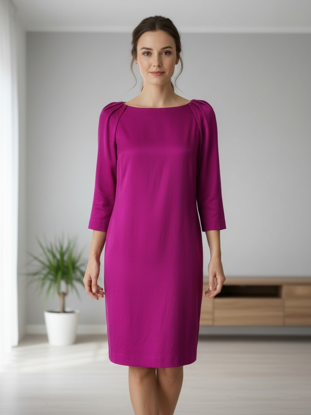 Massimo Dutti Magenta Midi Sheath Dress with Three-Quarter Sleeves